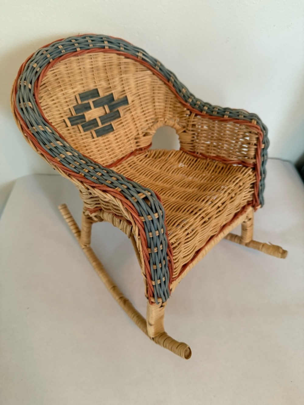 Vintage Wicker Rocking Chair For Doll with Blue and Rust Accents